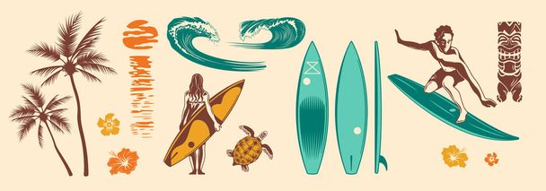 Surfing Hand Drawn Color Set - Vector, Image