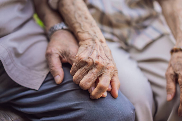Elderly couple holding hands with love. Hand of an elderly woman holding the hand of an elderly man - Фото, изображение