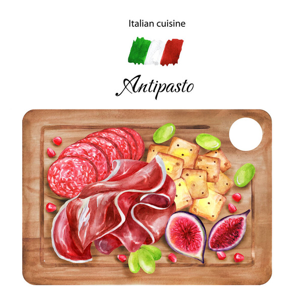 Watercolor antipasta on a wooden board prosciutto, salami, crackers and figs isolated on a white background. Hand painted watercolor hand drawn illustration. - Fotó, kép