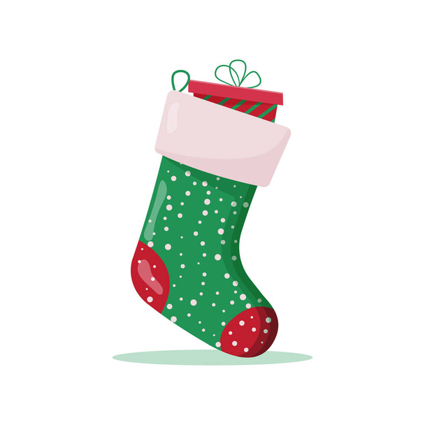 Karácsonyi zokni, benne ajándékokkal. Téli kiegészítők. - Vektor, kép