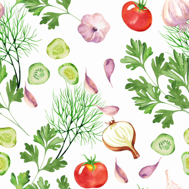 Hand drawn vegetables in style watercolour. Vegetable seamless pattern with tomatoes, cucumber, dill and parsley watercolour. Nice background for paper, textile, decoration and wrapping - Φωτογραφία, εικόνα