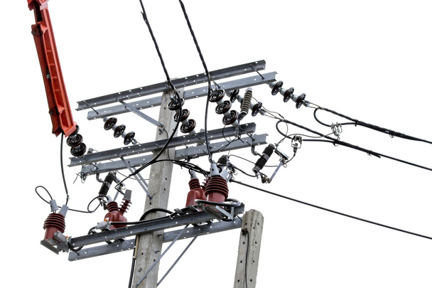 Górnej części energii elektrycznej Post z drutu i połączenia linii na izolat - Zdjęcie, obraz