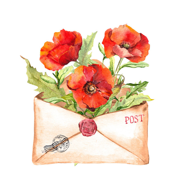 Aged mail envelope with red poppies flowers and postal stamps. Watercolor for anzac day, memorial design - Foto, Imagen