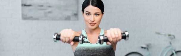 young brunette woman looking at camera while working out with dumbbells, banner - Фото, зображення