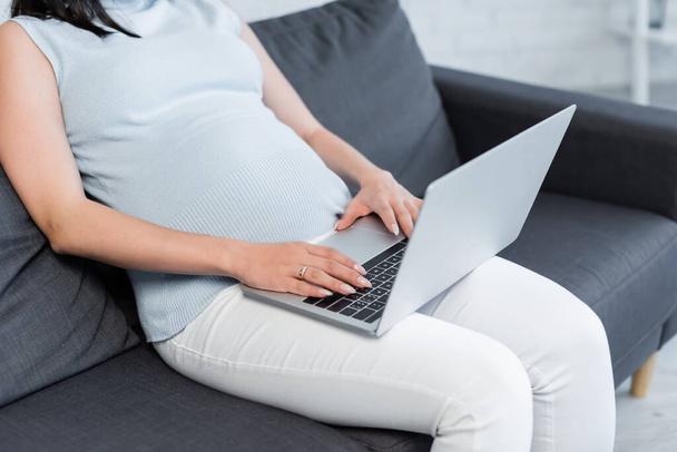 Teilbild einer schwangeren Frau, die zu Hause auf dem Sofa am Laptop arbeitet - Foto, Bild