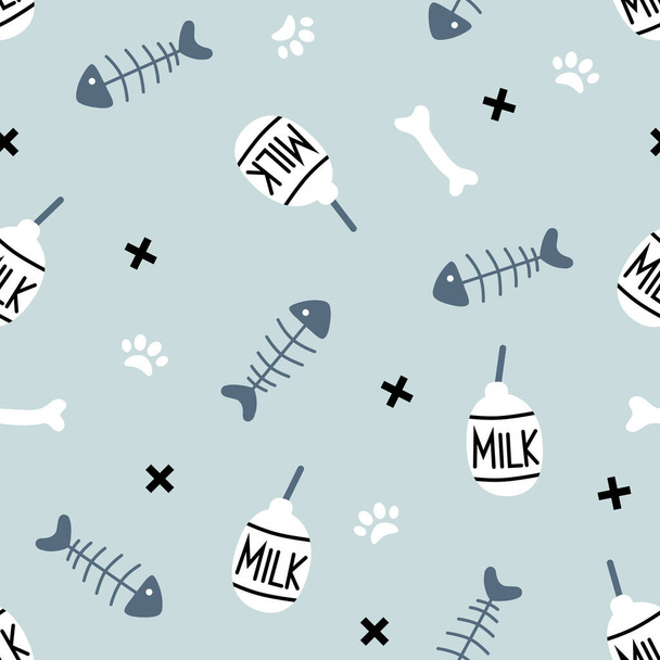 Cute seamless pattern with milk, paws, bones. Feline attributes. Vector childrens background. - Vetor, Imagem