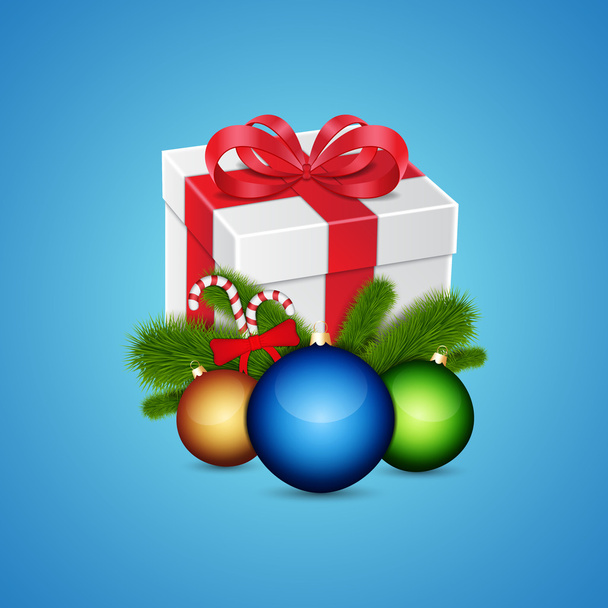 Подарок с рождественскими шарами
 - Вектор,изображение