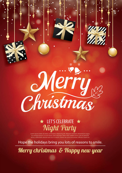 Χαρούμενα Χριστούγεννα κόμμα δώρο πλαίσιο και στο σκούρο φόντο πρόσκληση θεματικού concept. Πρότυπο σχεδίασης banner χαιρετισμό καλές διακοπές και κάρτα. - Διάνυσμα, εικόνα