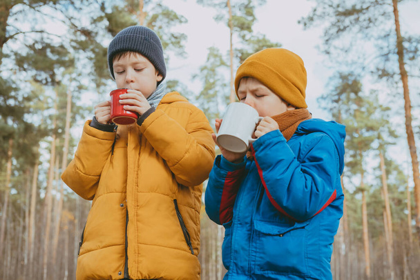 Children drink hot chocolate from cups in the forest. boys in a jacket are holding hot cocoa. A cozy photo with a mug in hand, on the street. Christmas mood. - Foto, immagini