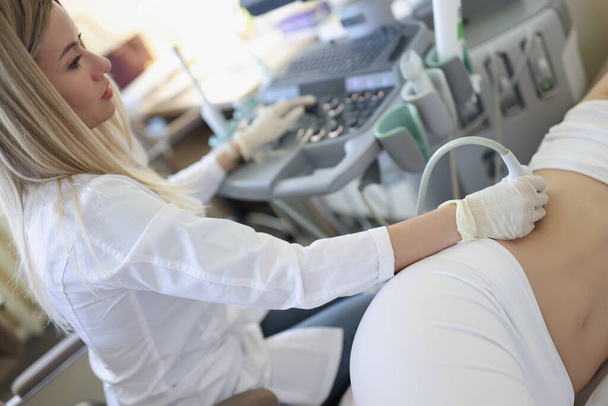 Женщина-врач проводит ультразвуковое обследование почки в клинике - Фото, изображение