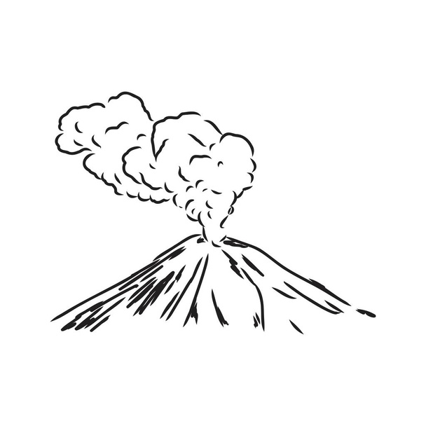 Vector draw sketch of the volcano. The eruption and smoke against the sky with clouds. - Vector, Image