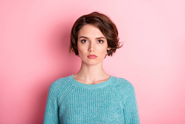 Photo of serious young nice charming woman wear blue pullover isolated on pastel pink color background - Zdjęcie, obraz