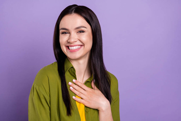 Photo of pretty funny young woman wear khaki outfit smiling arm chest laughing empty space isolated violet color background - Valokuva, kuva