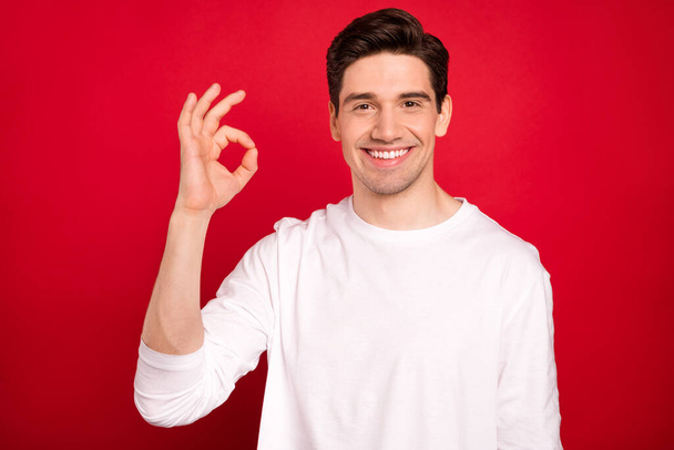 Photo of cool brunet millennial guy show okey wear white shirt isolated on red color background - Foto, afbeelding