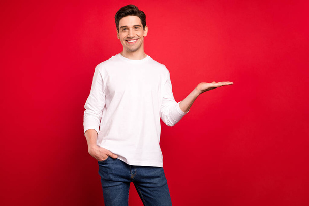 Photo portrait brunet guy in casual outfit showing copyspace on palm isolated vibrant red color background - Fotoğraf, Görsel