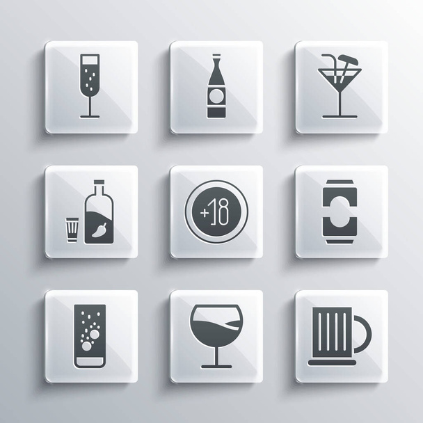 Set Weinglas, Holzbierkrug, Bierdose, Alkohol 18 plus, Brausetabletten Wasser, Wodka mit Pfeffer und, Glas Champagner und Cocktail-Symbol. Vektor - Vektor, Bild