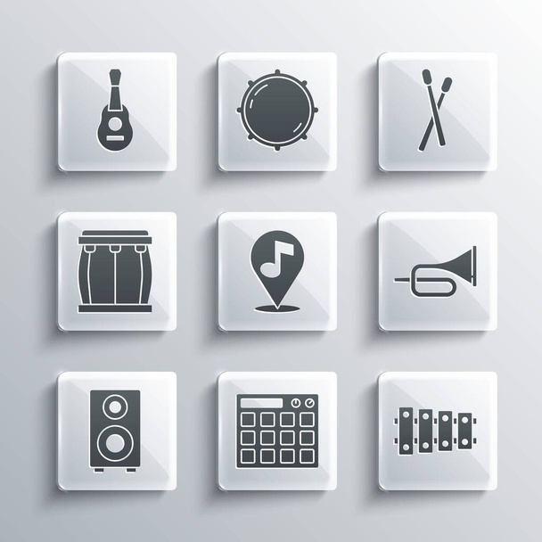 Set Drum machine, Xylophone, Trumpet, Location musical note, Stereo speaker, Guitar and sticks icon. Vector - Vektor, kép