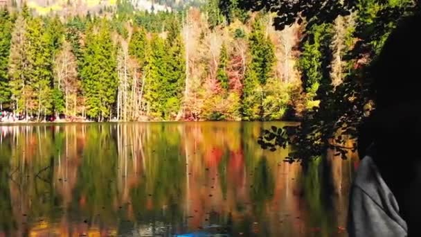 Panning vista donna godere panorama lago in autunno con riflessi degli alberi e tour di gruppo sulla riva sull'altro lato in sole giornata autunnale all'aperto - Filmati, video