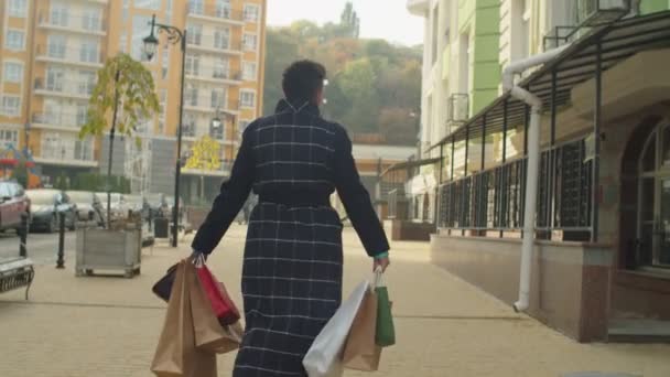 Οπίσθια όψη της ώριμης γυναίκας γυρίζοντας γύρω από το δρόμο της πόλης, ενώ ψώνια - Πλάνα, βίντεο