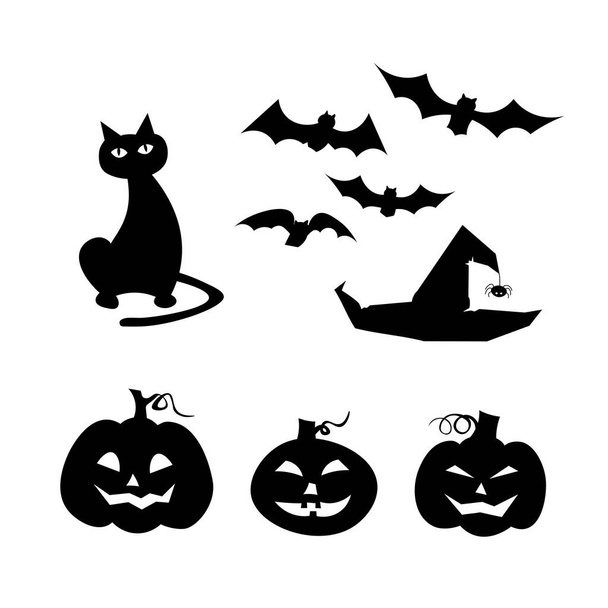 Black and white drawing of cat, carved pumpkins, witch hat and bats. Seasonal Halloween background. Original mysterious painting for festive decoration, card, print, book illustration. Cartoon art. - Vector, Image