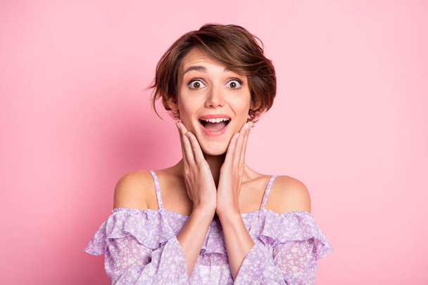 Portrait of young happy positive excited crazy amazed girl see big sale discount black friday isolated on pink color background - Φωτογραφία, εικόνα