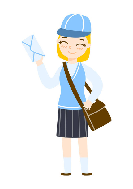 Cute cartoon postman girl with mail isolated on white background - Vector, Image