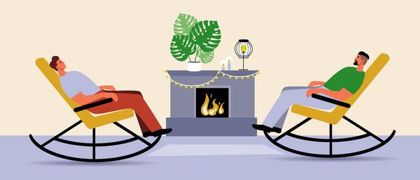 LGBTQ couple by the fireplace, rocking chair, Flat vector stock illustration with Gay men or LGBT people together at home - Vector, Image