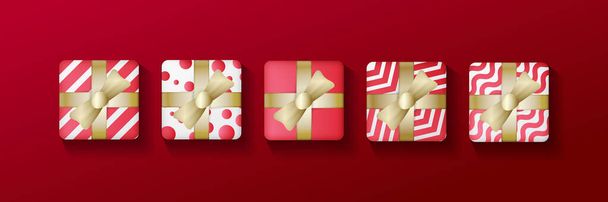 Colección de cajas de regalo rojo navideño. caja de regalo con cinta y lazo rojo aislado en blanco. Conjunto de cajas de regalo decorativas con cinta dorada para el diseño de la venta de año nuevo. Ilustración vectorial - Vector, Imagen