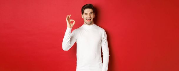 Concept of winter holidays, christmas and lifestyle. Handsome man in white sweater winking at you, showing okay sign and smiling, guarantee quality, recommending something - Foto, Bild