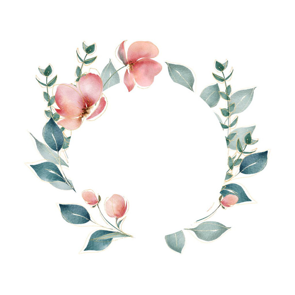 Round flower frame. Digital illustration. Poppy flowers - Фото, изображение