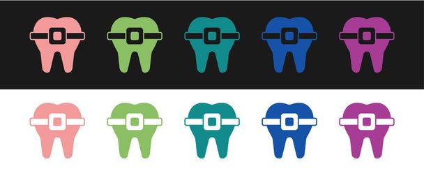 歯を黒と白の背景に絶縁されたブレースアイコンで設定します。歯の一口の配置,ブレースと歯科行.歯の概念。ベクトル - ベクター画像