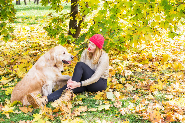 黄色い葉の間に秋の自然界の若い女性と黄金の取得犬. - 写真・画像