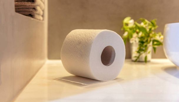 Toilet paper roll on a bathroom table closeup view. White blank hygiene tissue napkin, WC lavatory hygienic accessory. - Valokuva, kuva