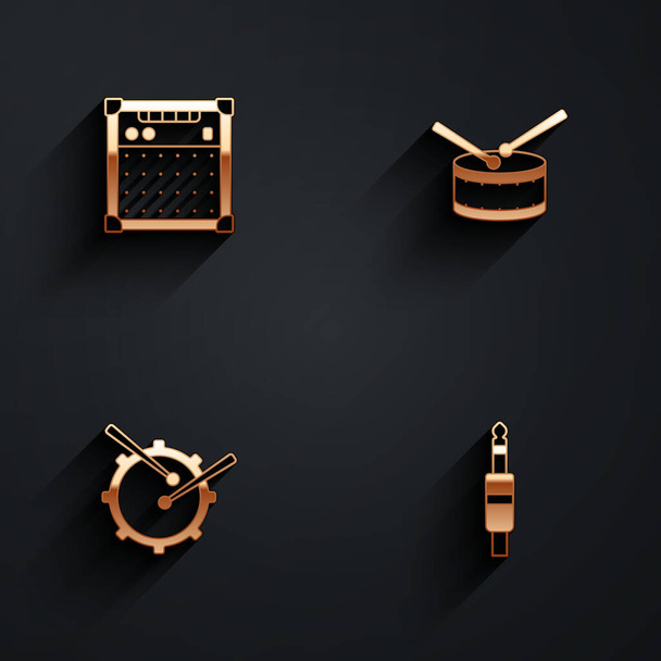 Set Guitar zesilovač, Buben s bicí hole, a Audio jack ikona s dlouhým stínem. Vektor - Vektor, obrázek