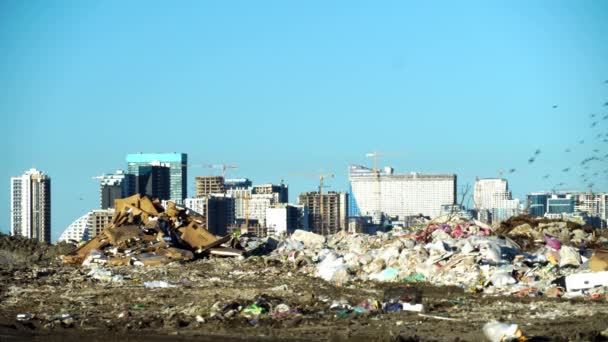 Wysypisko śmieci. Drapacze chmur, plac budowy z dźwigiem i domami dużego miasta - Materiał filmowy, wideo