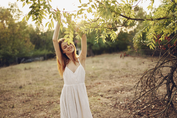 csinos nő fehér ruhában a mezőn, közel a szabadság fához - Fotó, kép