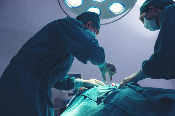 Wewnątrz wyrafinowanej sali operacyjnej, azjatycki lekarz operuje.  - Zdjęcie, obraz