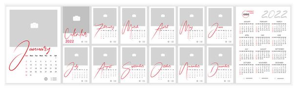 Wall Monthly Photo Calendar 2022. Simple calendario de fotos vertical mensual Diseño para 2022 año en Inglés. Calendario de portada, plantillas de 12 meses. La semana comienza el lunes. Ilustración vectorial - Vector, imagen