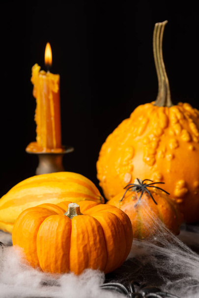 View of orange halloween pumpkins and candle, on table with spider web, selective focus, black background, vertical - Photo, Image