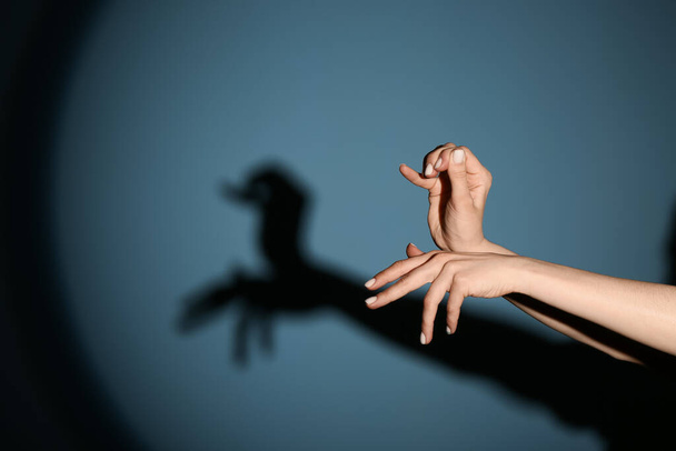 Woman performing a shadow play on color background - Fotografie, Obrázek