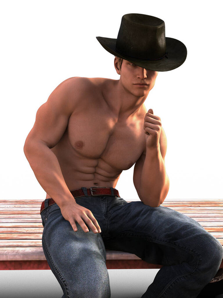 Félmeztelen cowboy ül fa illusztráció - Fotó, kép