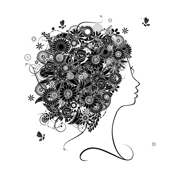 Female profile silhouette, floral hairstyle for your design - Vector, Image
