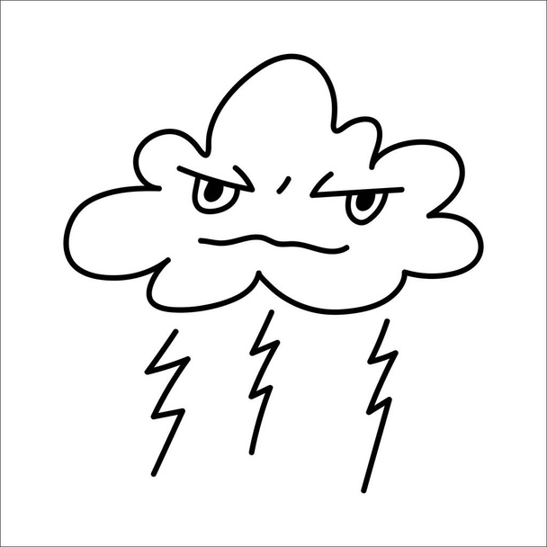 Raiva relâmpago nuvem doodle vetor ilustração. Mão desenho nuvem trovoada com rosto resmungão - Vetor, Imagem