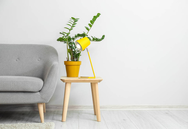 Table with yellow lamp, houseplant and sofa near light wall - Photo, Image