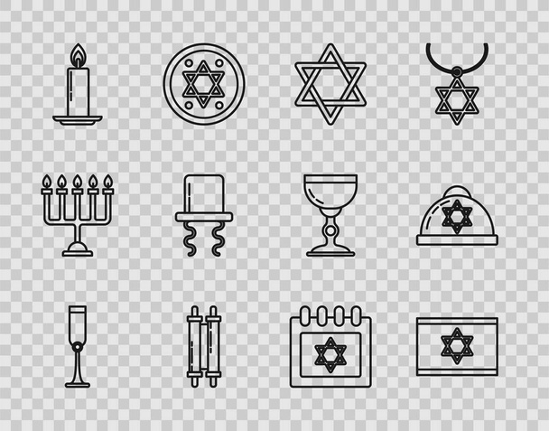 Set line εβραϊκό κύπελλο, Σημαία του Ισραήλ, Star David, Torah scroll, Καίγοντας κερί στο κηροπήγιο, Ορθόδοξη εβραϊκή καπέλο με το περιθώριο, ημερολόγιο αστέρι David και Kippah εικόνα. Διάνυσμα - Διάνυσμα, εικόνα