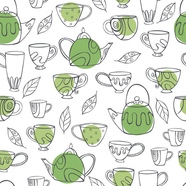 Hand-drawn teapots and cups on white background.  Vector  seamless pattern.  - Vector, Image