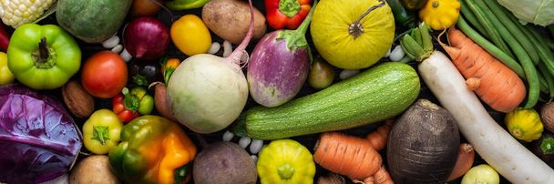 Fondo con verduras frescas de otoño, banner de productos agrícolas orgánicos saludables, vista superior - Foto, imagen