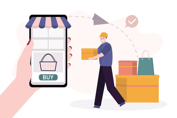 Hand holds mobile phone. Smartphone with e-shop on screen. Online commerce, fast delivery. Happy delivery man with packages and boxes. Internet shopping, concept banner. Flat vector illustration - Vektor, kép