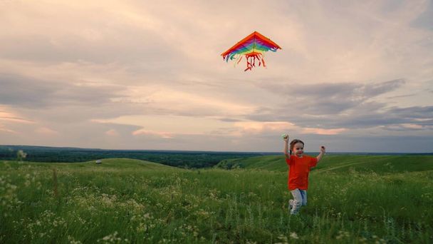 Happy child, girl with kite in her hands, runs across field on green grass in summer. Kid plays outdoors in park at sunset. Happy family, childrens dreams. Child playing in nature. Childrens holiday - Foto, immagini
