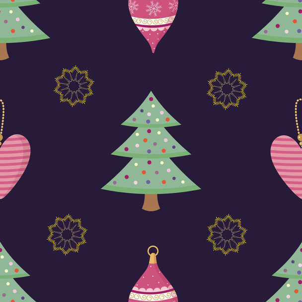 Vector graphic holiday seamless pattern with christmas toys, fir, snowflakes and hearts on a dark blue background - Vettoriali, immagini